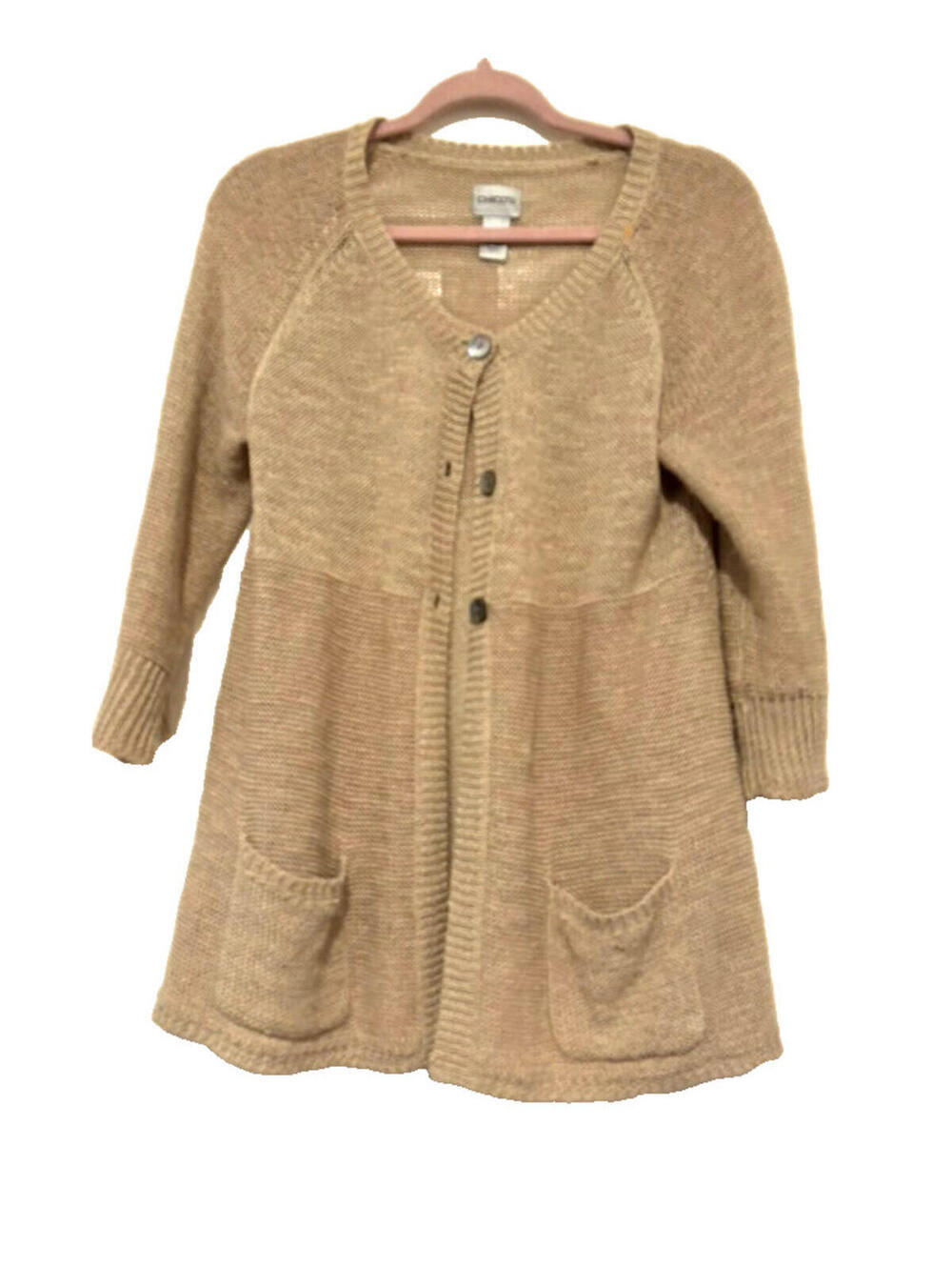 Chico's sz 2 (L sz 12-14) button down‎ 3/4 sleeve linen blend sweater beige BB